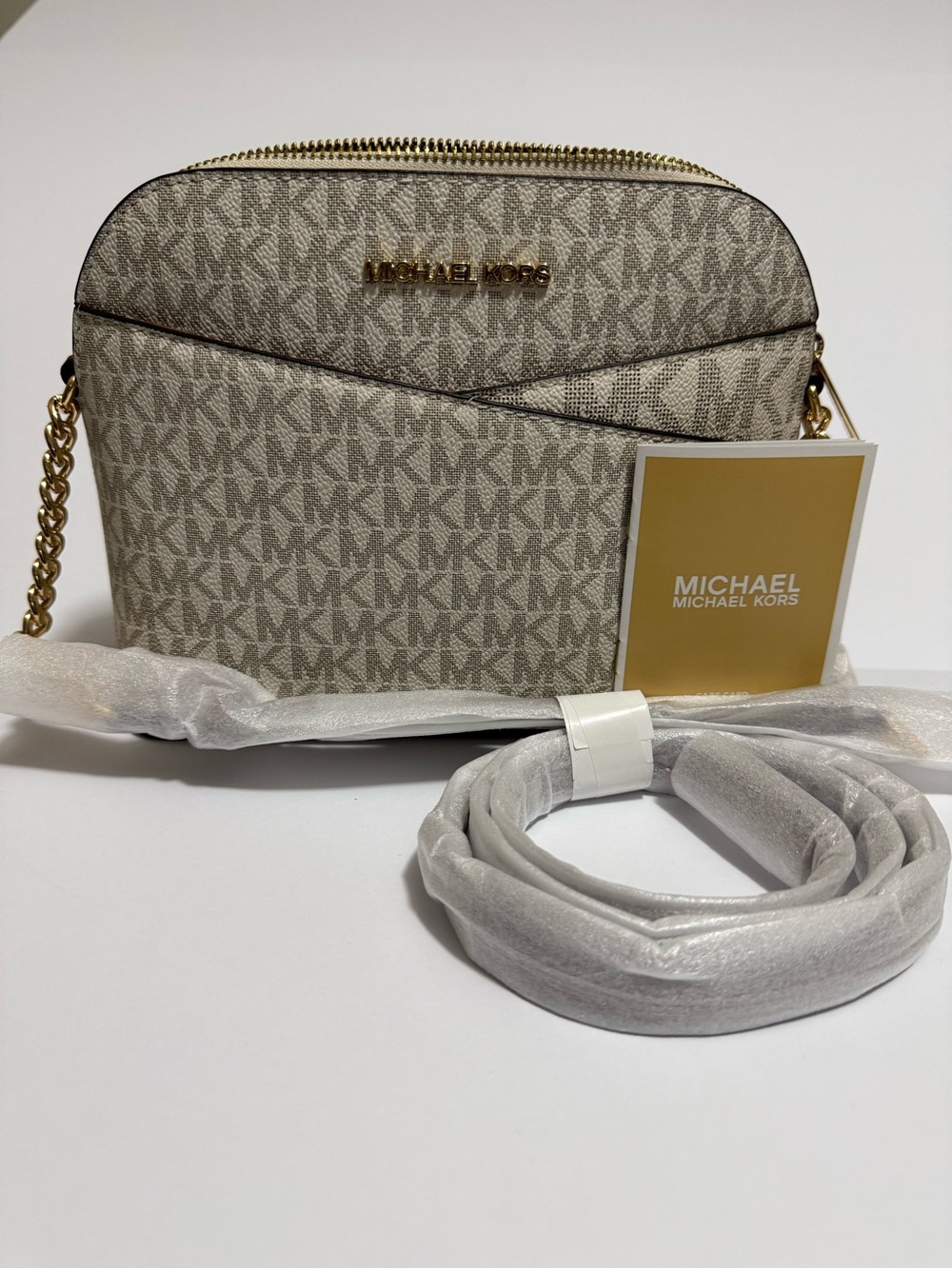 Michael Kors Beige Signature Dome Crossbody with Gold Hardware